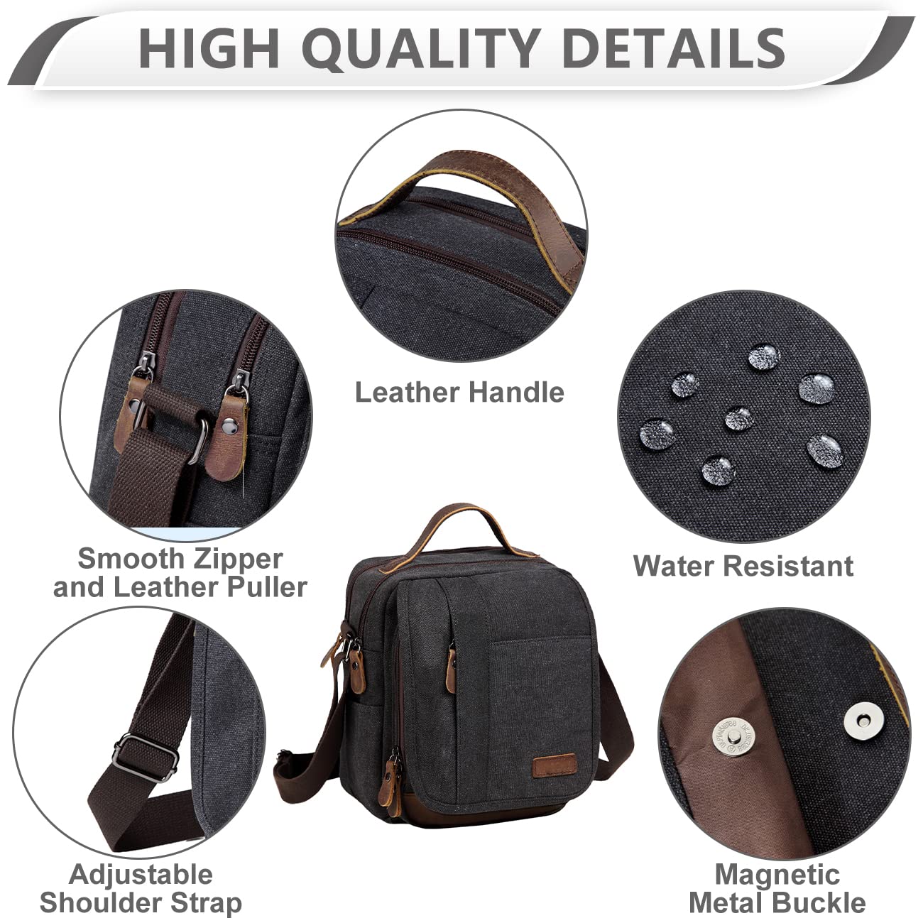 VASCHY Bolso Bandolera Hombre Pequeño de Lona y Cuero, Resistente al Agua, 7,7 L, Cabe iPad 10,2", Bolsillo Trasero Antirrobo, Múltiples Bolsillos, Para Trabajo y Viaje, Gris Oscuro