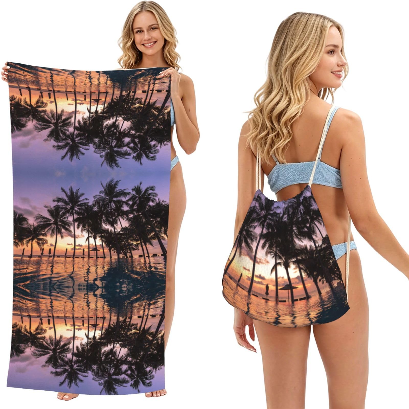 ESNAIUVCD Palm Tree Print Beach Towel For Adults,Towel With Drawstring Bag, Travel Pool Swimming Sports Shower Sand Free Quick Dry Bath Towel For Pool, Beach, Yoga- 180x60cm