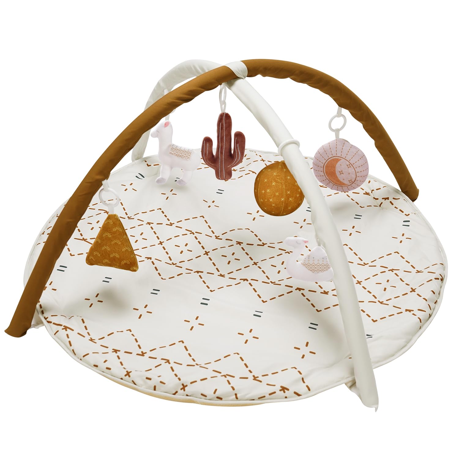 Mallify Baby Spielbogen mit Spielmatte, play mat mit Bauchzeit Kissen und 6 abnehmbaren Sensorik Spielzeugen für Neugeborene & Kinder, Goldbraun