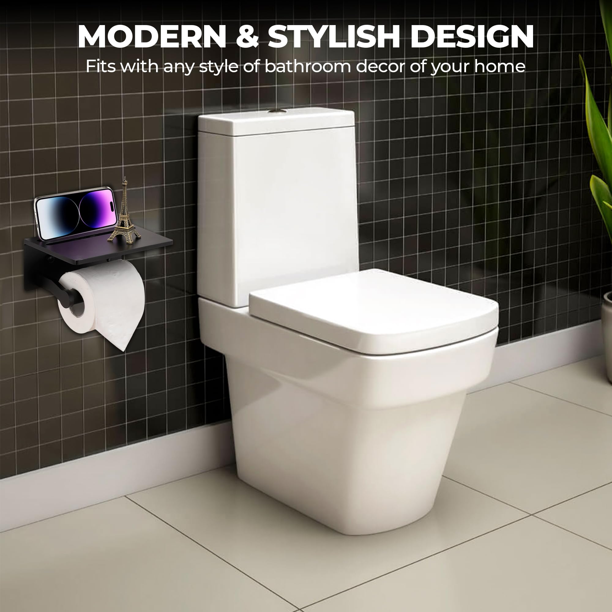 Toilet Paper Holder with Phone Shelf, Self Adhesive Aluminum Tissue Roll Dispenser for Mega Roll, Wall Mounted Toilet Paper Roll Holder for Bathroom,: Black