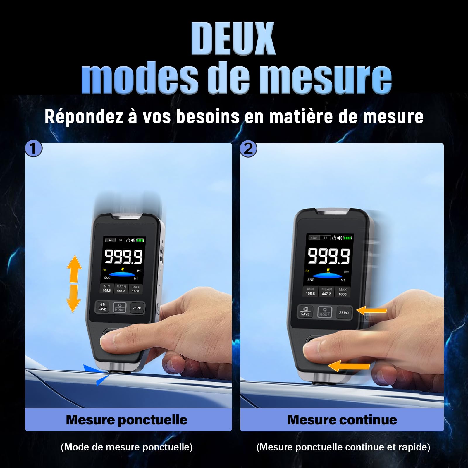 CTG-20 Jauge d’Épaisseur de Peinture pour Voiture, Fe/NFe/Fe+Zn, 0-1400μm Testeur Revêtement Carrosserie, Précision ±(3%+2 μm), Résolution 0,1μm, Deux Modes de Mesure, Étalonnage Zéro/Multi-points