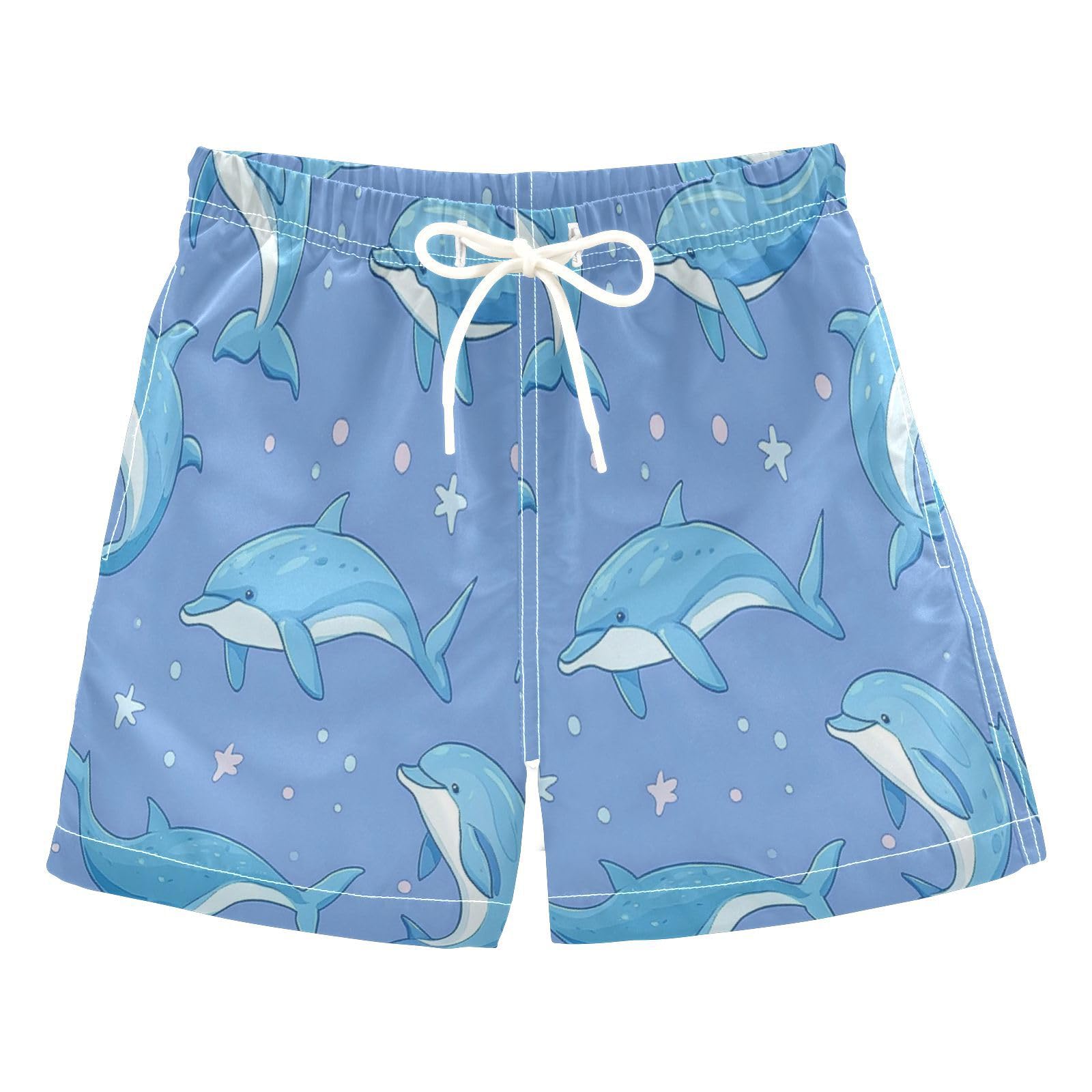 Boccsty Cartoon Dolphin Blue Boys Swim Trunks Summer Big Kids Beach Board Shorts Swimwear XS