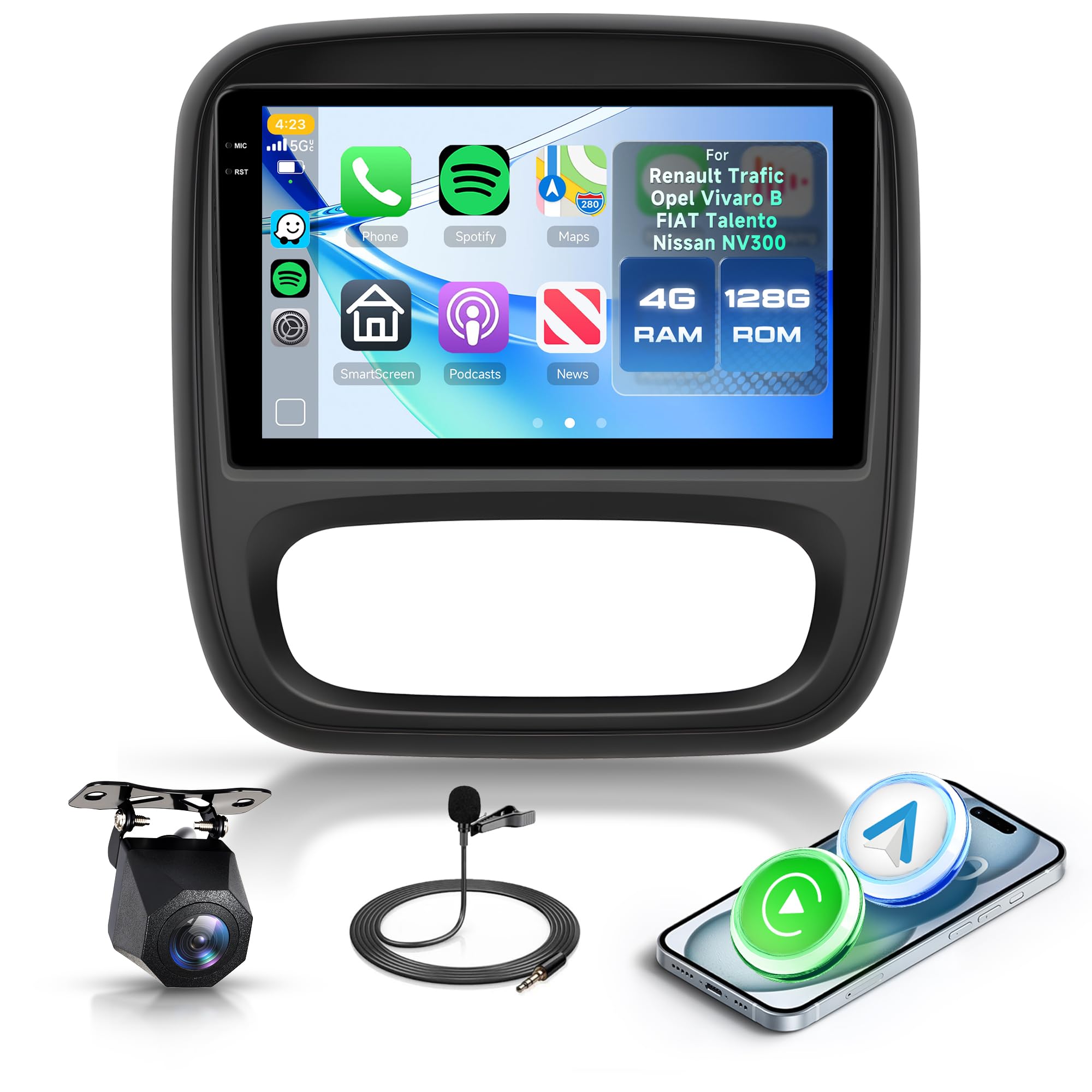 4G+128G Android Radio Coche para Renault Trafic Opel Vivaro B FIAT Talento Nissan NV300 con 9'' Pantalla IN-Cell Carplay Android Auto Wireless Nav Bluetooth GPS FM/RDS/EQ Mirror Link WiFi