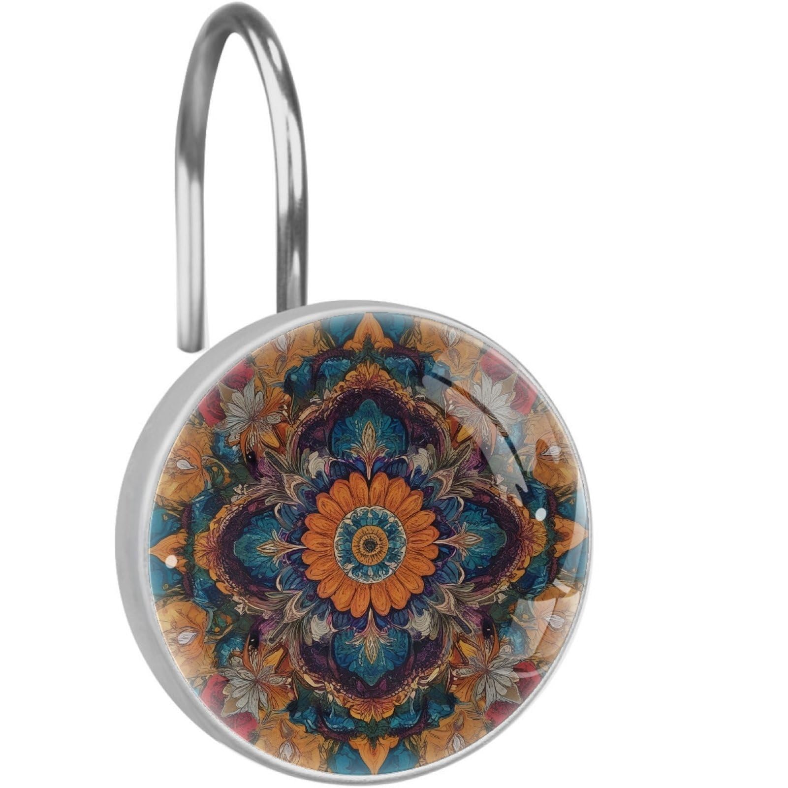 VAPOKF Decorative Shower Curtain Hooks, Orange Mandala Print Rustproof Stainless Steel Shower Curtain Rings for Bathroom, Shower Curtain Hangers for Shower Rod, 12 Pack