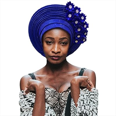 QliHut Fashion Nigerian Gele Headties With Stones Women Head Wrap Beaded Lace Already Made Auto African Headtie For Party (Royal Blue)