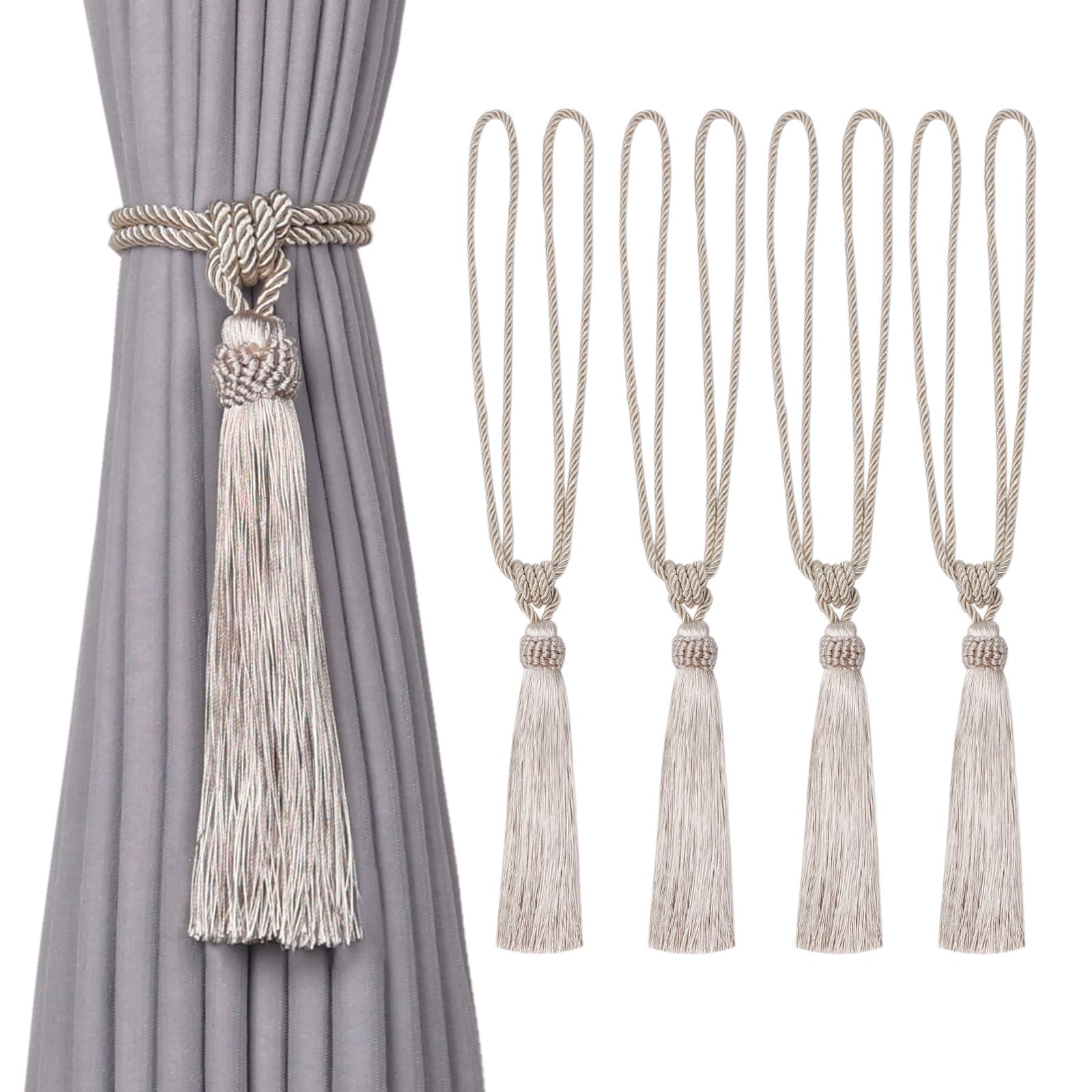 Pretty Jolly 4 Pack Long Tassel Curtain Tiebacks European Style Decorative Drape Tie Backs Elegant Handmade Braided Rope Knot Curtain Holdbacks for Home & Office Window Drapery (Dark Beige)