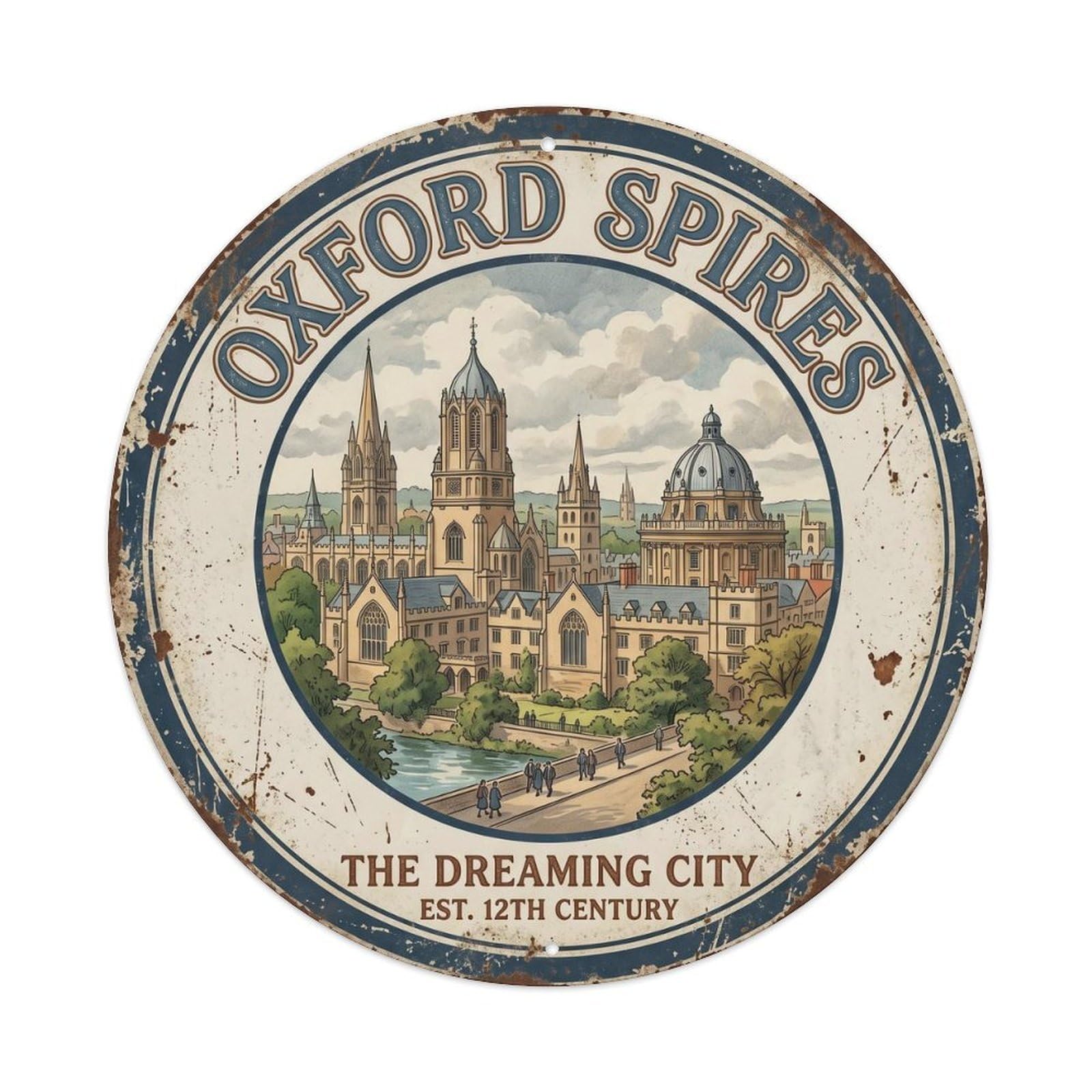 Vintage Travel Oxford Tower England Metal Tin Sign Plaque Wall Decor for Cafe, Club, Garden Round Metal Poster 8x8Inch