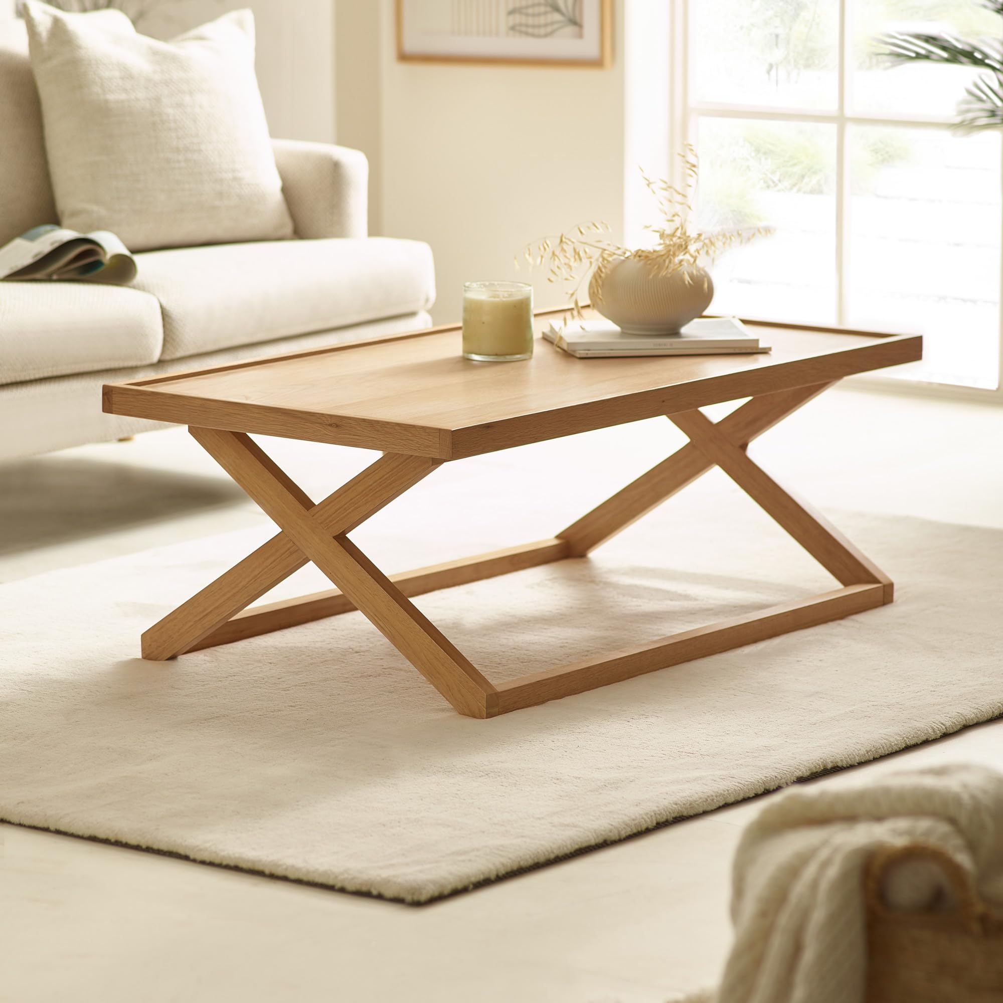 Julian Bowen Haddon Coffee Table - Wooden Living Room Furniture with X Shaped Legs, Large Centre Table with Natural Oak Effect - W 110 x H 40cm