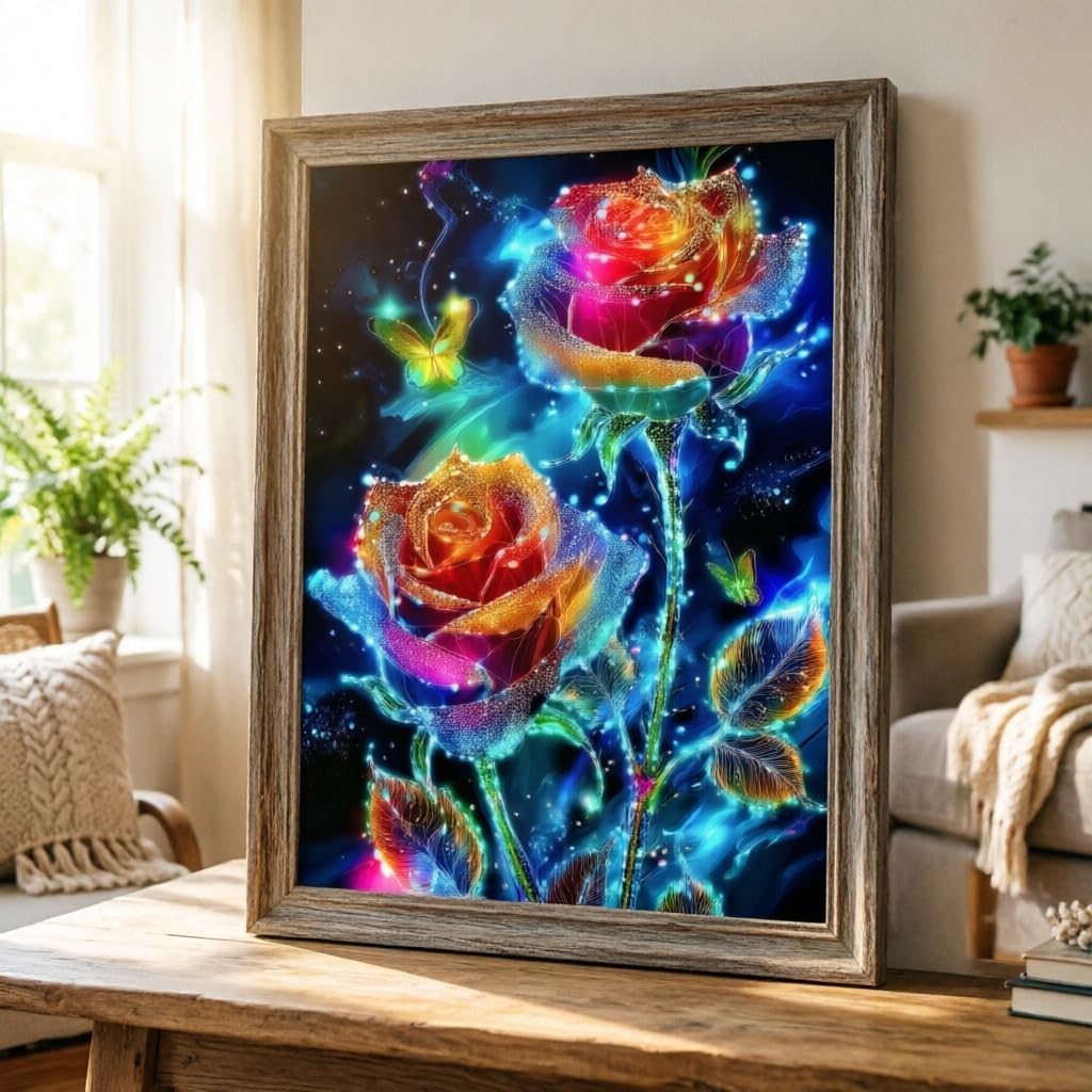 PRISMEELOOCY 5D Diamond Painting Kits for Adults, Neon Rose Butterfly Diamond Art Kits, Full Drill Round Rhinestone Gem Art Crafts, DIY Paint by Diamonds for Beginners, Home Wall Decor 12x16 Inch image 5