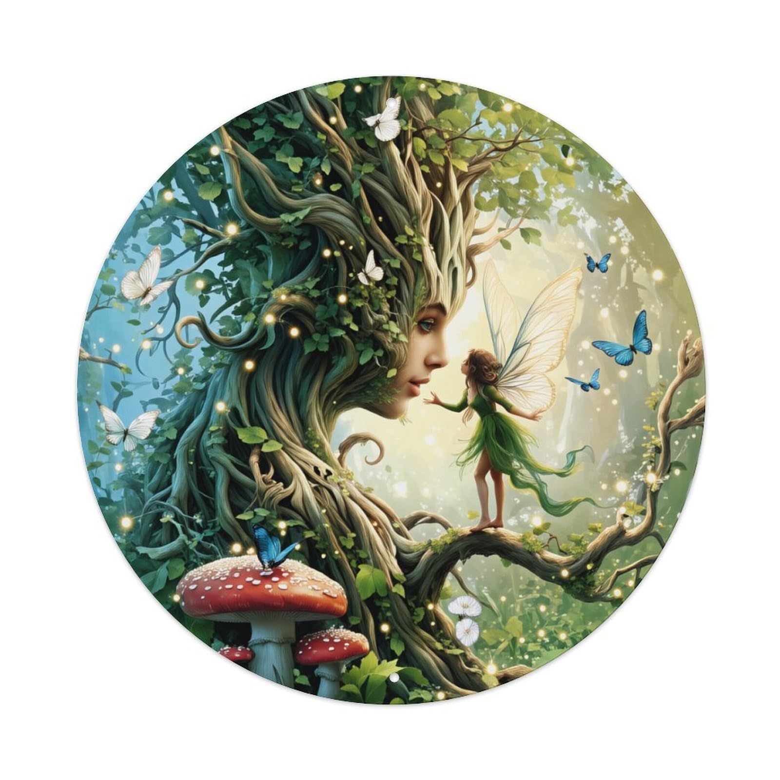 Enchanted Forest Fairy Tree Round Tin Sign Vintage Metal Poster, Home Bar Garage Man Cave Cafe Indoor & Outdoor Wall Decoration 8x8Inches