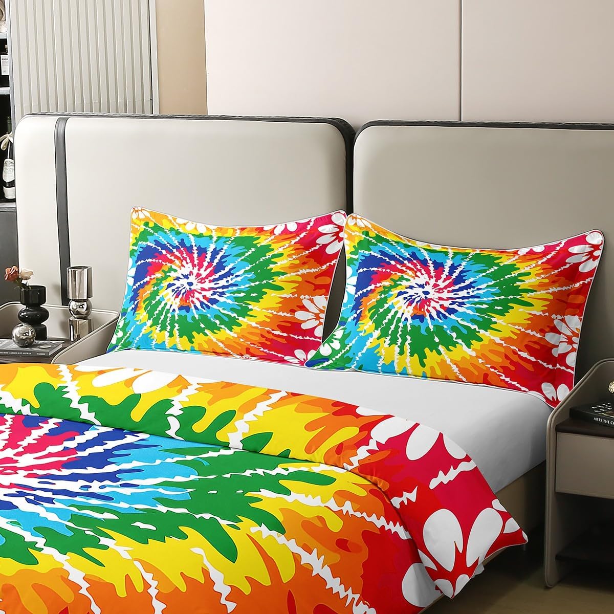 jejeloiu Tie Dye Cotton Duvet Cover Set King Size Kids, Bohemian Gypsy Comforter Cover Set for Boys Girls, Red Green Yellow,No Stuffing