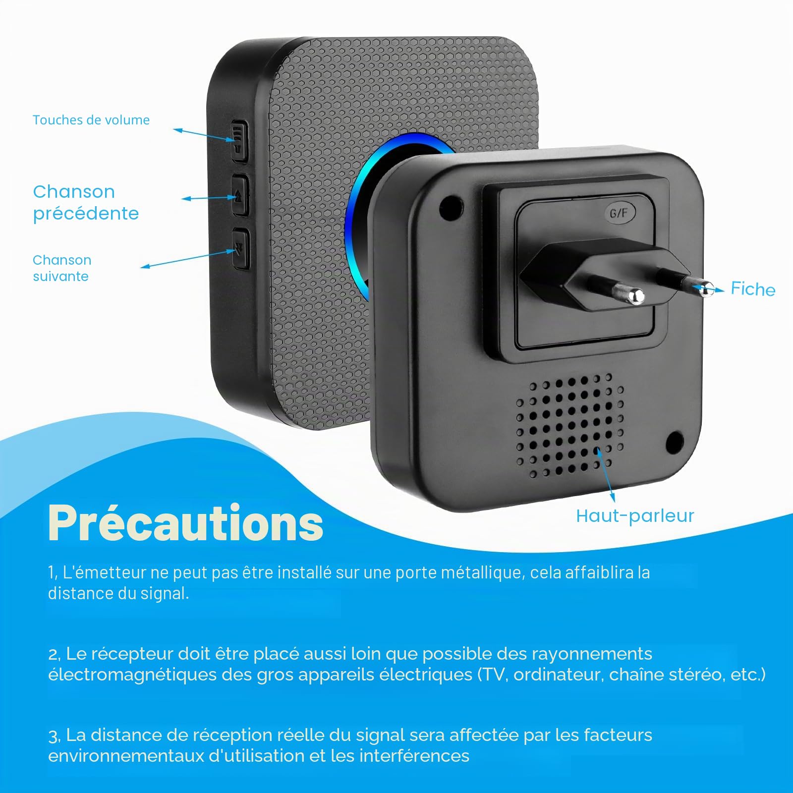 VFANDV Sonnette sans Fil, Mini Sonnette de Porte IP65 Exterieur Étanche Carillon,5 Niveaux Volumes 55 Mélodies pour Maison, Hôtel