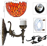 Vista 3 de Lámpara de pared Tiffany con aplique, enchufe o cableado, luz de pared con cúpula de vidrio manchado color rojo glicinia de 8 pulgadas, 8X10.5X11