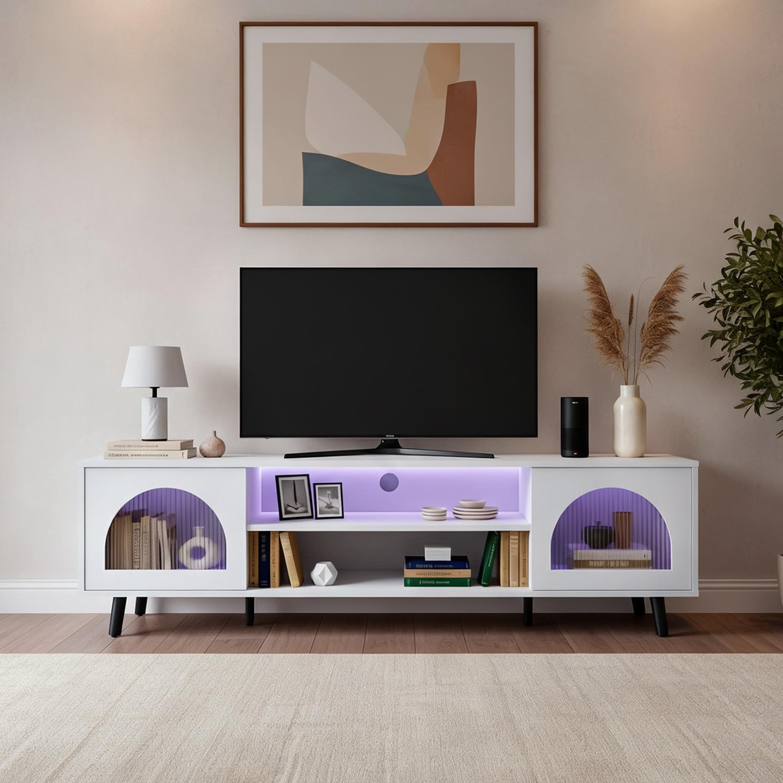 Karl home TV Stand Cabinet, 160cm TV Unit with 2 Ribbed Glass Doors and Open Shelves, 16 Colors RGB LED Lighted Console Table, Modern Wooden Storage White for Living Room Bedroom