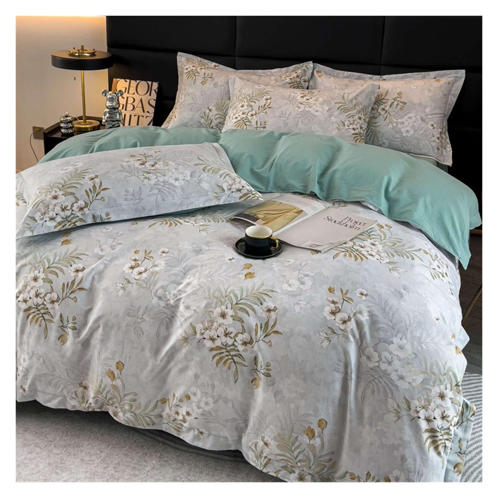 Housse de couette zippée en coton doux motif floral pour lit double 200x230cm