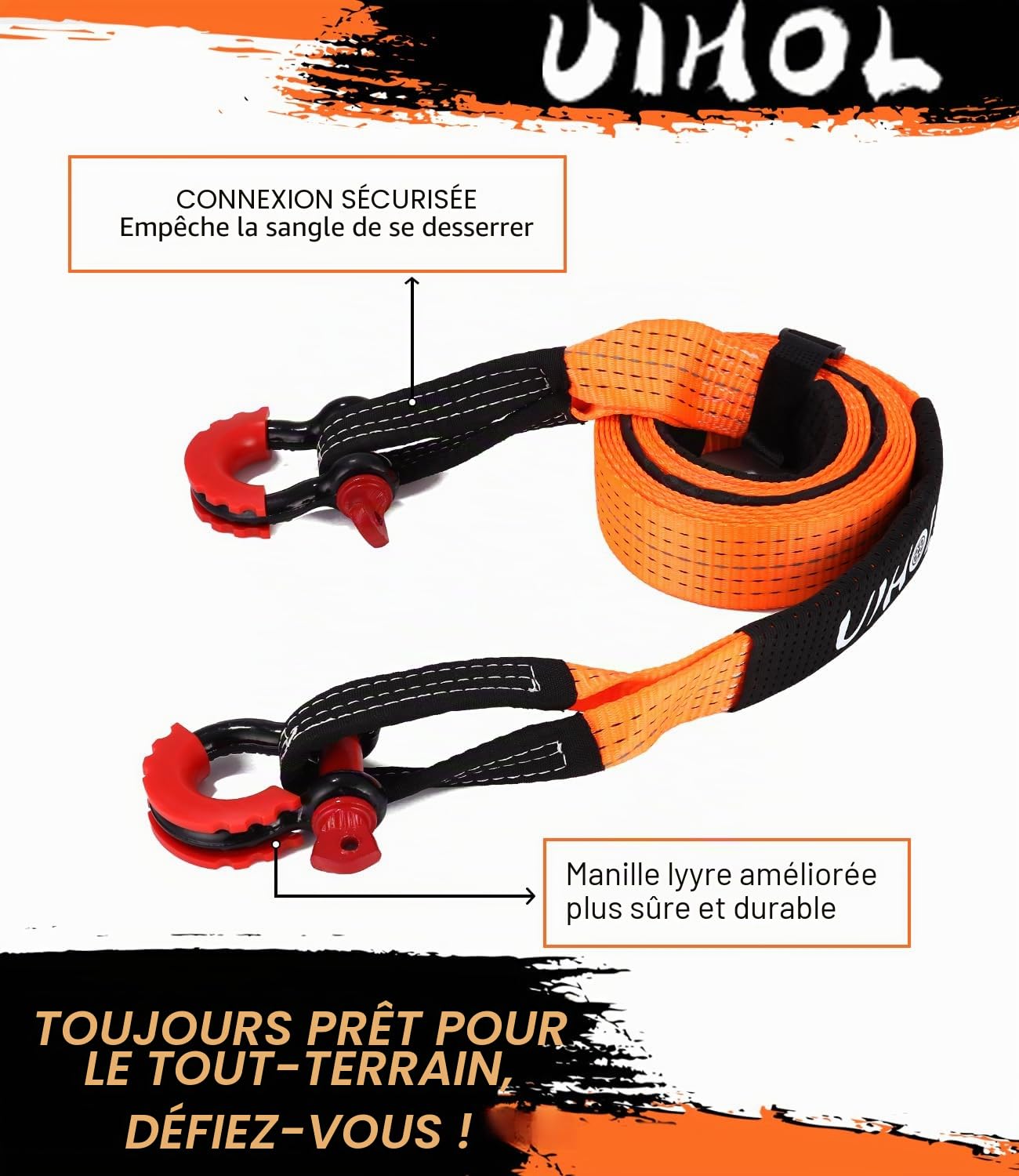 Câble de remorquage pour voiture, 12T, avec manille haute résistance, résistance à la rupture de 12 000 kg, 5 m x 5 cm, corde de remorquage d'urgence avec étui, améliorée, sûre