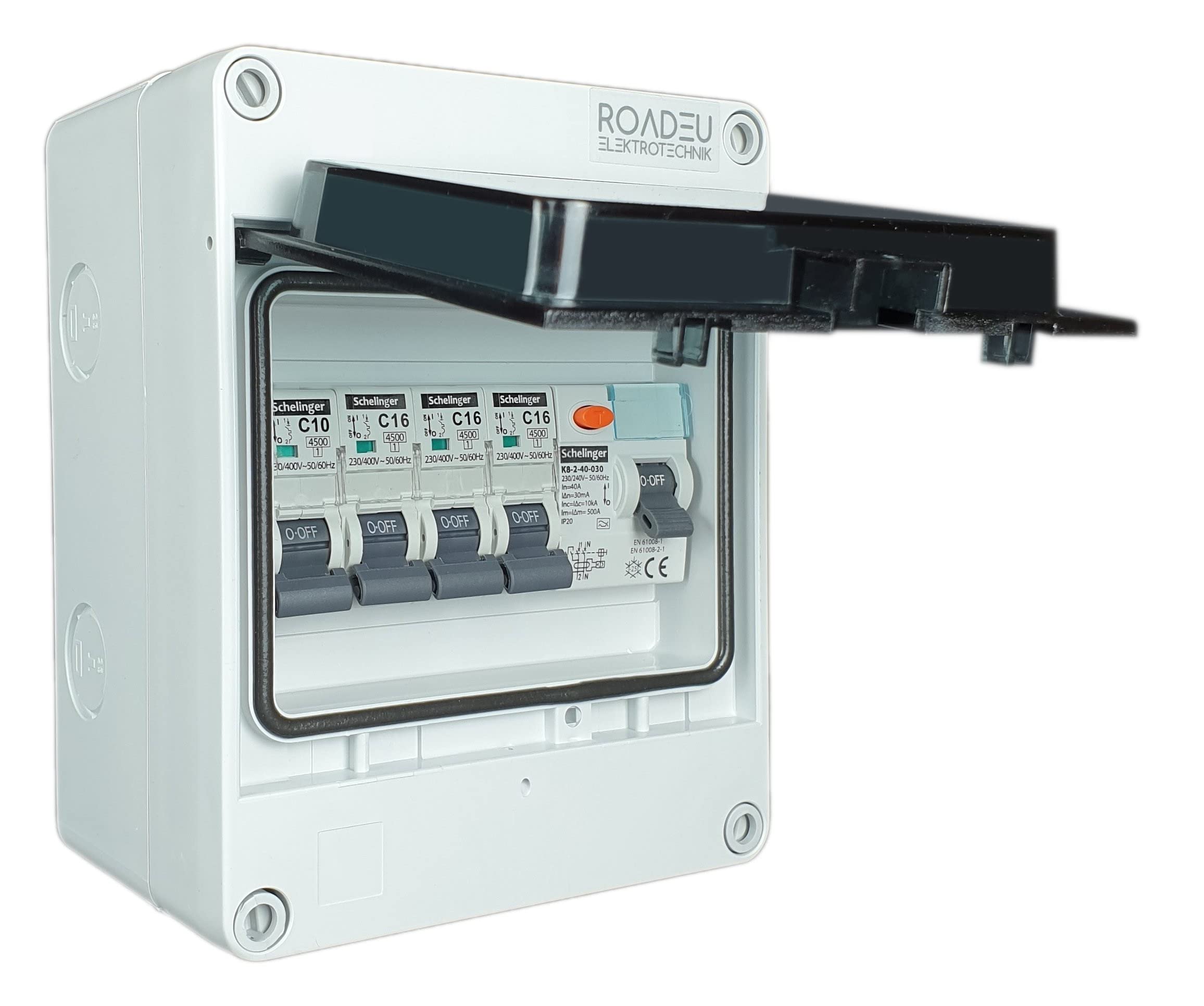 RoadEu - Quadro Elettrico Distributore di corrente - Completo con magnetotermico differenziale 40A 2P - 16A interruttore automatico e 10A C 3+1 in una scatola di distribuzione a parete IP65