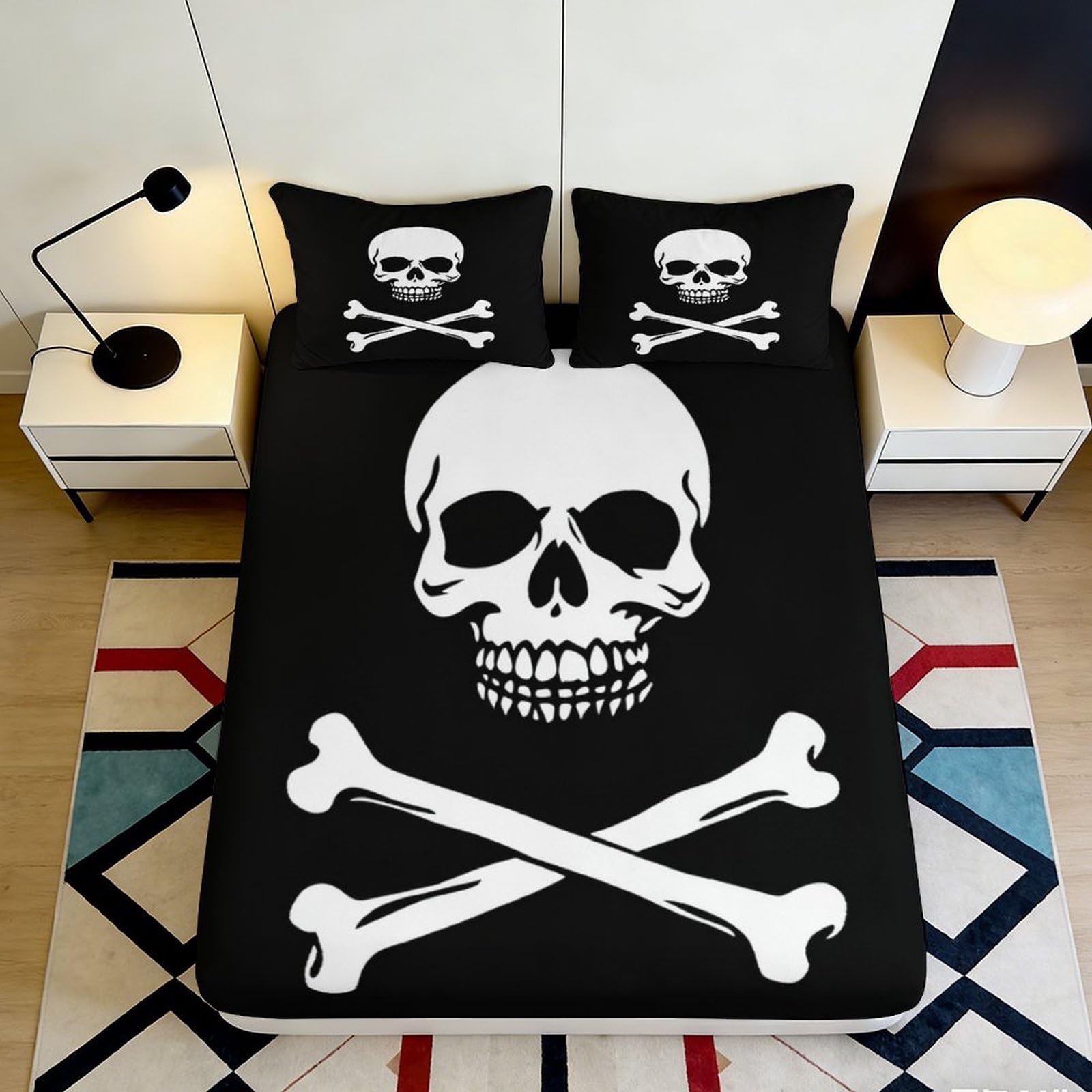 3D Printed Skull Crossbones Fitted Sheet Microfiber Black Pirate Bed Cover for Bedroom Dorm Mattress Decor 120x200x25cm