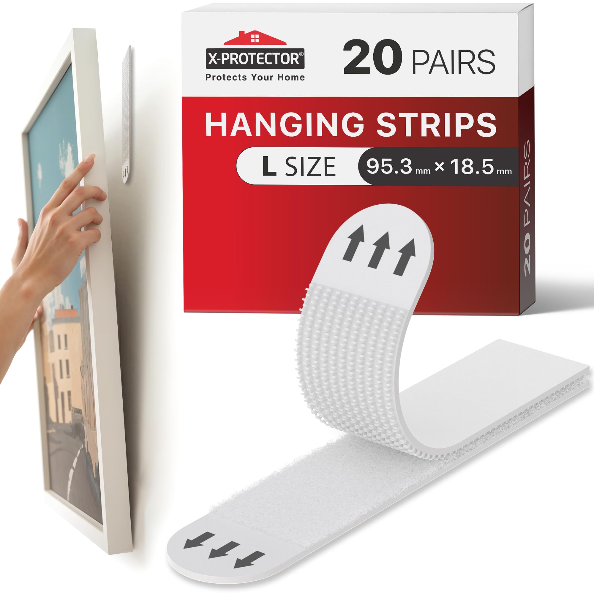 X-Protector Picture Hanging Strips - 20 Pairs Damage Free Picture Hangers - Self Adhesive Picture Hangers Without Nails - Heavy Duty wall Adhesive - Walls Sticky for Hanging Up to 9 KG (Size L)