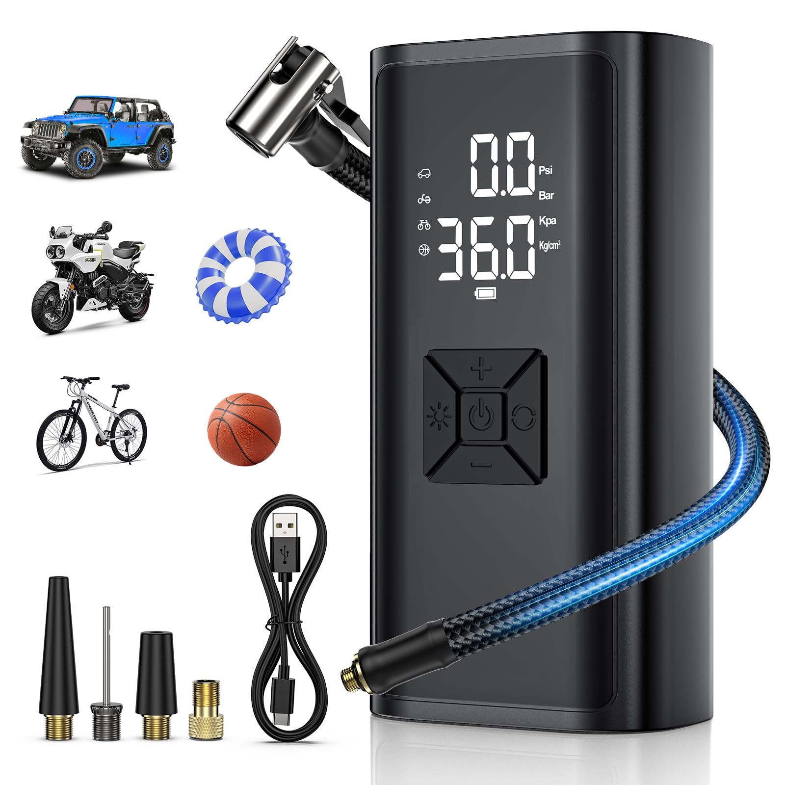 Kairela Portable Car Tire Air Inflator, 2X Faster Inflation Air Compressor for Car, 150PSI Cordless Electronic Air Pump with LED Light, Tire Inflator for Bike Truck Motorcycles Balls