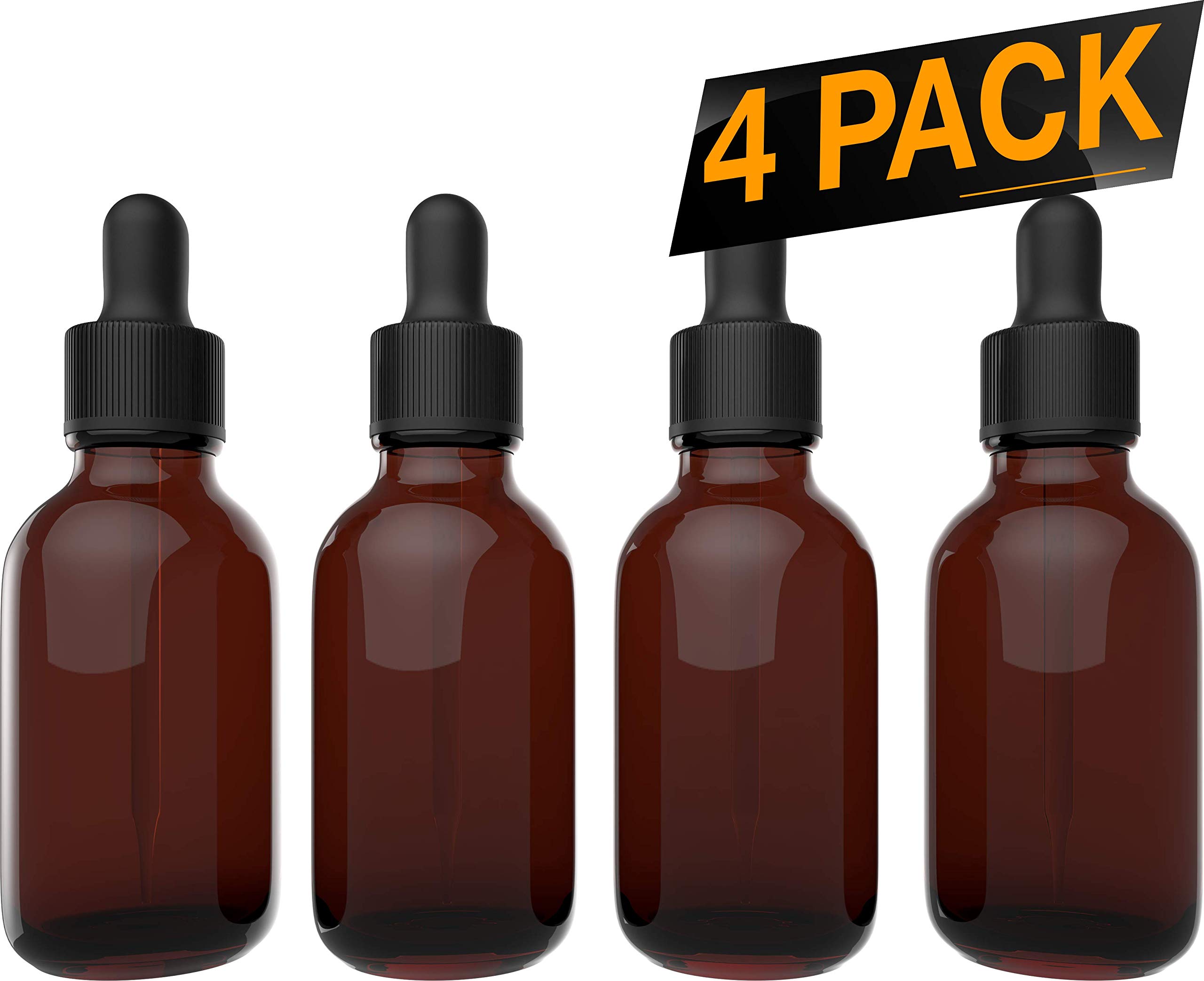 Essential Oil Bottles - Round Boston Empty Refillable Amber Bottle with Glass Dropper for Liquid Aromatherapy Fragrance Lot - (2 oz) 60ml ? (4 Pack)