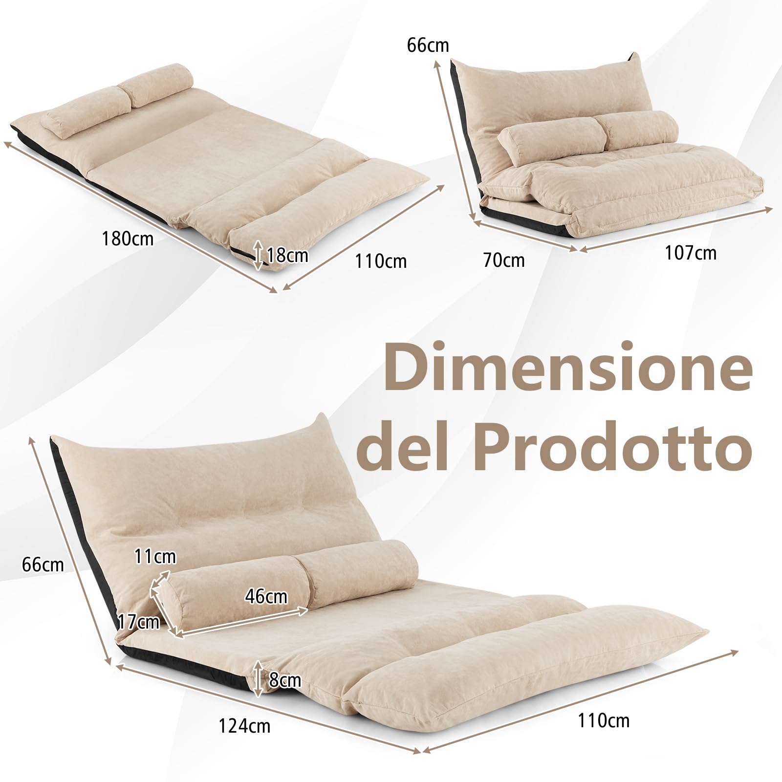 COSTWAY Divano da Terra Pieghevole, Divano Letto 2 Posti con Schienale Regolabile, Divano da Pavimento Trasformabile con 2 Cuscini per Camera da Letto Salone Balcone (Beige)