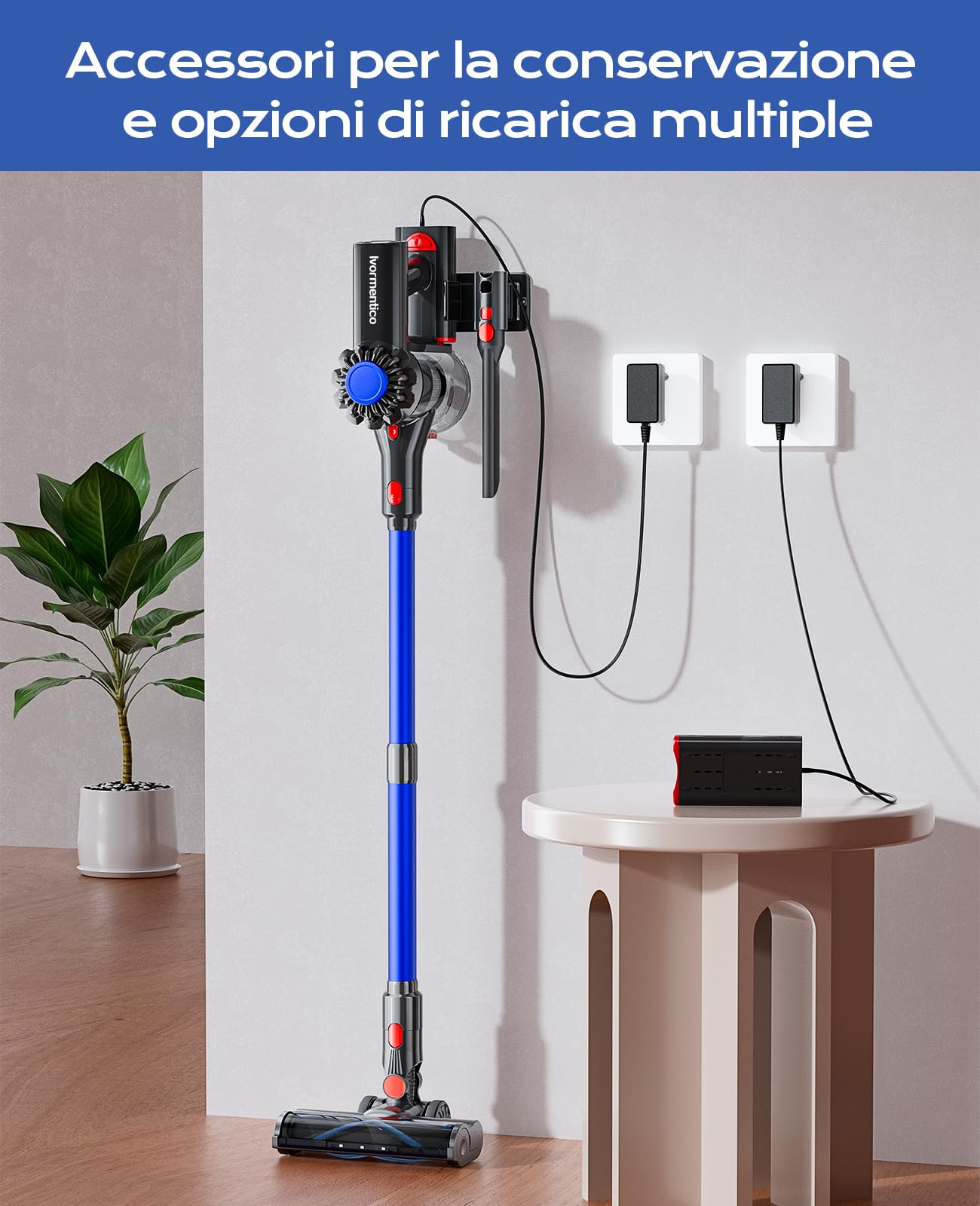 Aspirapolvere Senza Fili, 50Mins/450W/40KPA Scopa Elettrica Senza Fili, Aspirapolvere con LED Verde, Aspirapolvere Verticale con Batteria Rimovibile per Tappeti/Peli Animali, Blu