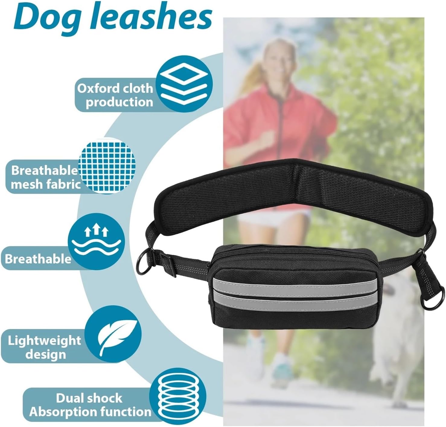 Hands Free Dog Leash, Compatible for Running Walking Reflective with Waist Bag Retractable Traction Rope(Black Sky Blue)