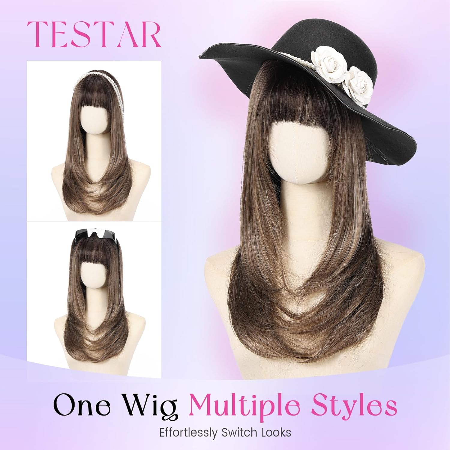 testar Ombre Brown Wig with Bangs for Women Straight Synthetic Layered Heat Resistant Glueless Wig 22 Inch for Daily Use