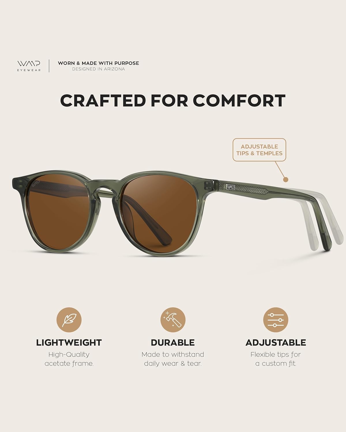 WMP Eyewear - Classic Round Polarized Sunglasses for Men | Retro Design with UV Protection Crystal Sage / Brown Lens image 6 of 8 B0D2LTBBRQ