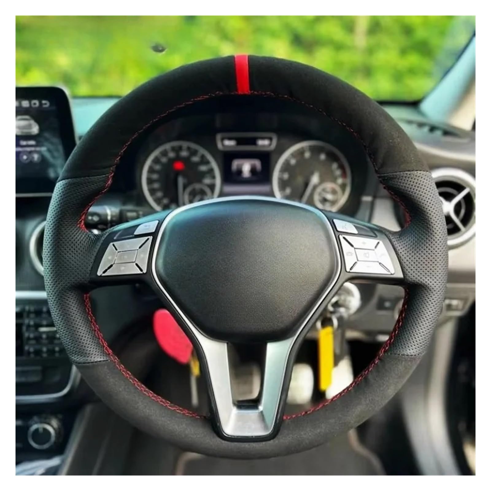 Protector Cubierta Volante Funda de Volante de Cuero de Gamuza Cosida A Mano para Benz para W176 W246 para Clase A para Clase C W204 C117 C218 X218 W212 C207 A207(Yellow Thread)