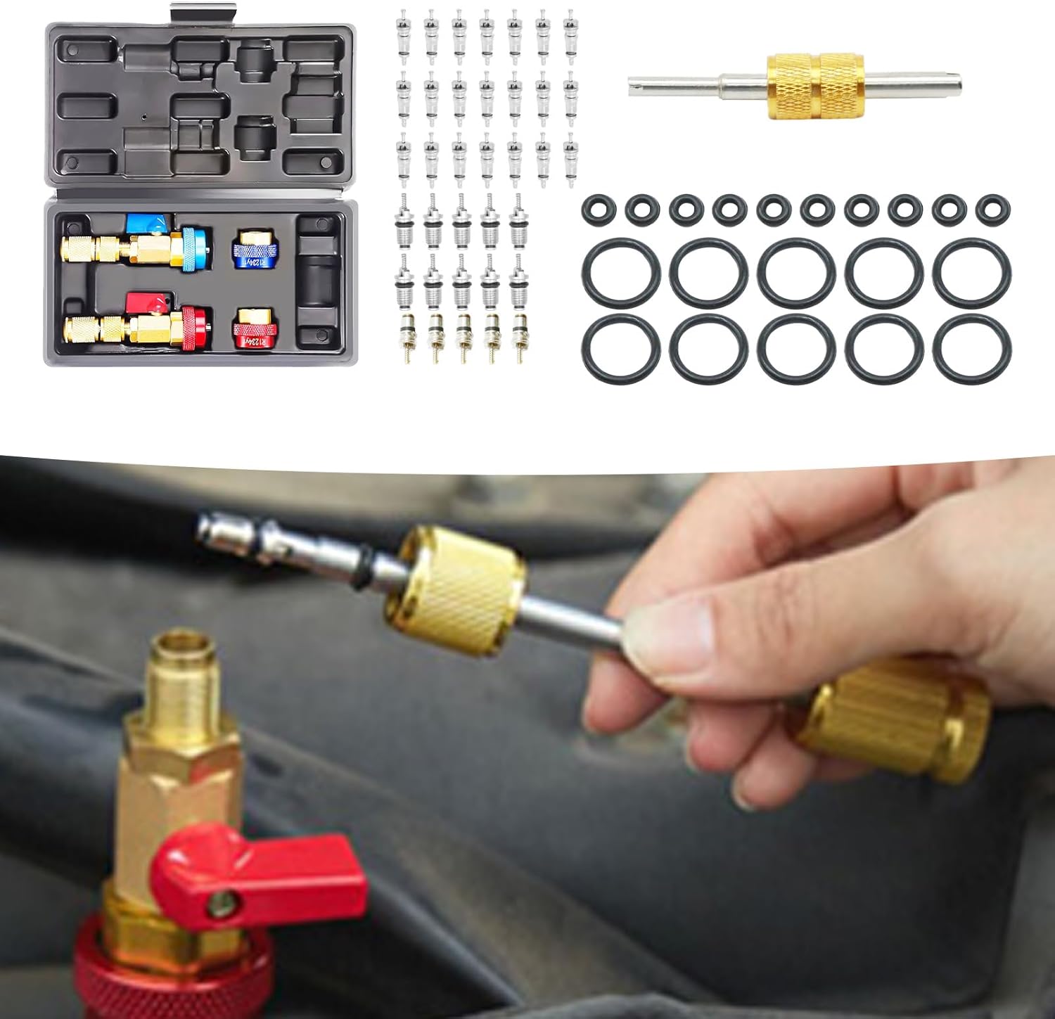 35PCS R134a R1234YF AC Valve Core Remover Installer Kit Air Condition Valve Core Refrigeration Schrader Valve Core 3 PCS Remover Tool with 20 PCS O-Ring Rubber Seal Replaces for Car