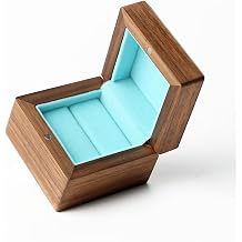 Walnut Ring Box,Wooden Engagement Ring Box with Lake Blue Velvet Interior,Single Slot Proposal Ring Holder Case for Wedding Ceremony,Girlfriend/Wife