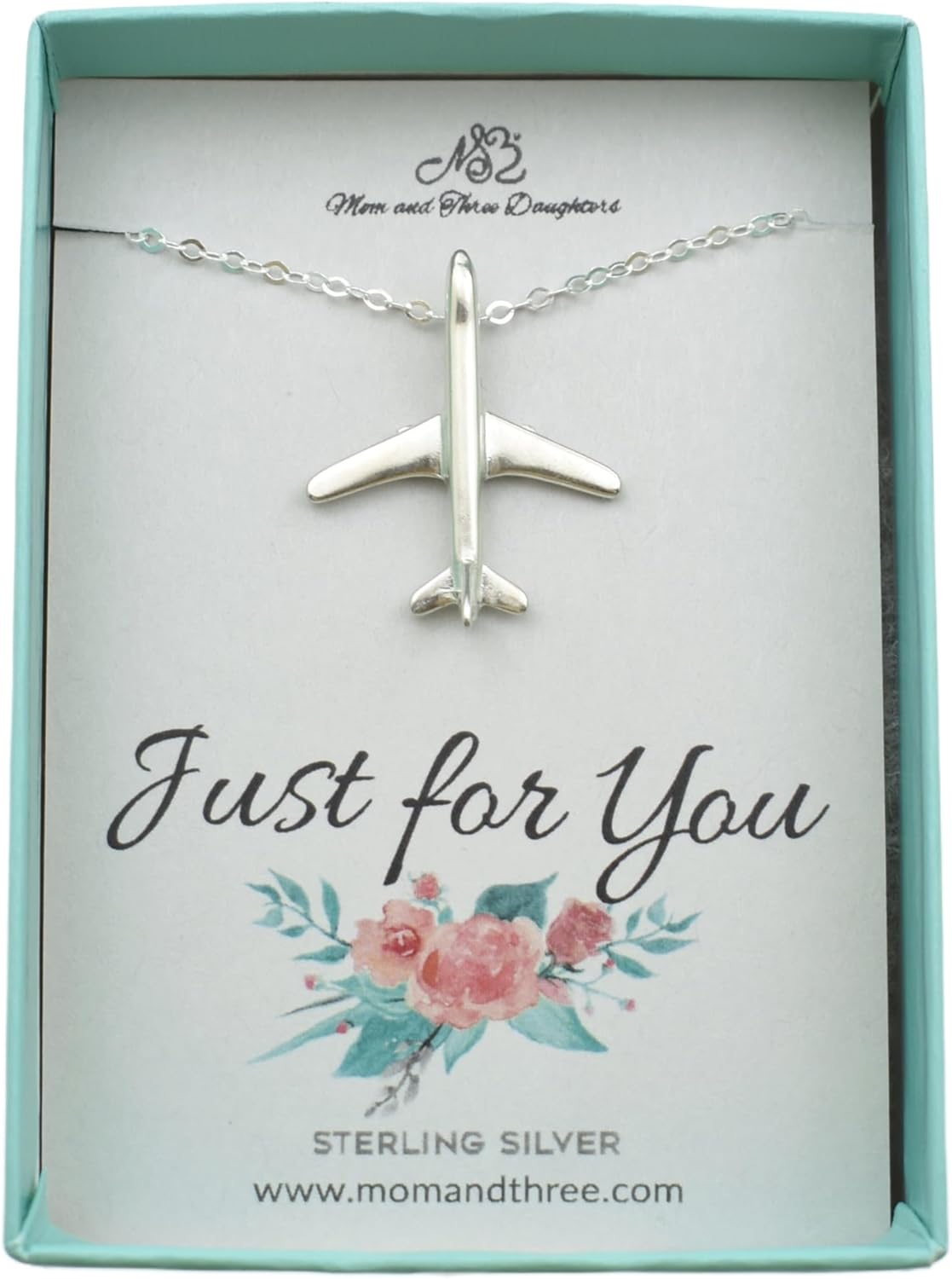 MOM & THREE DAUGHTERS Jet Airplane Necklace In Sterling Silver | 18 Inch Cable Chain | Gift for Pilot or Flight Attendant | Traveler Gift