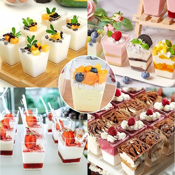Dessert Cups 150ML/5OZ Reusable Clear Square Dessert Bowls Serving Bowls | 50Pcs PP Cheesecake Pots with 50 Spoons, Appetizer Cup for Puddings Mousses Parfaits Trifles Tiramisu Party Birthday