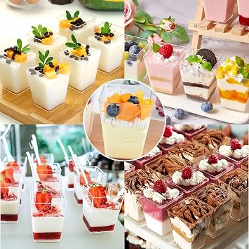 Dessert Cups 150ML/5OZ Reusable Clear Square Dessert Bowls Serving Bowls | 50Pcs PP Cheesecake Pots with 50 Spoons, Appetizer Cup for Puddings Mousses Parfaits Trifles Tiramisu Party Birthday