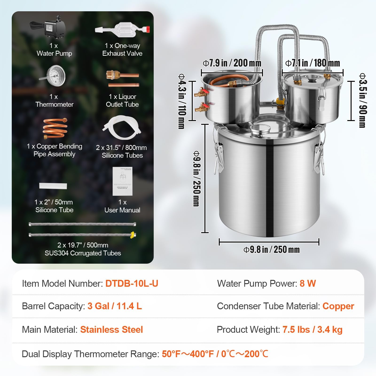 VEVOR Destilador de Alcohol, Acero Inoxidable 11,4 L, Bobina de Cobre, Condensador Doble, Destilación Secundaria para Vino Whisky