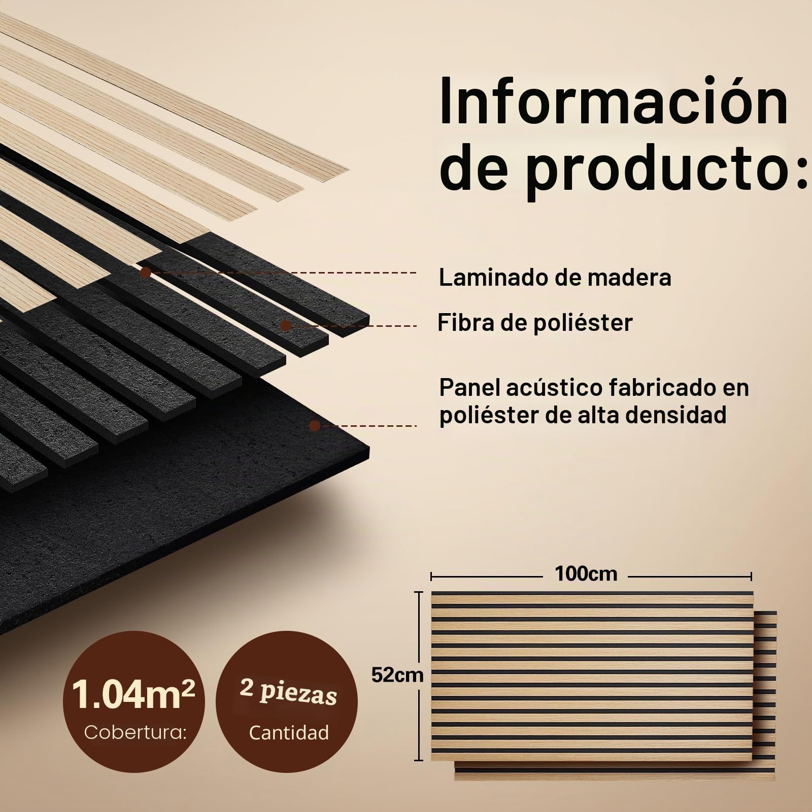 Paneles acústicos autoadhesivos, juego de 2 unidades, 100 x 52 cm, aislamiento acústico, reducción del eco, paneles de pared de chapa de madera, paneles acústicos de madera para decoración de pared