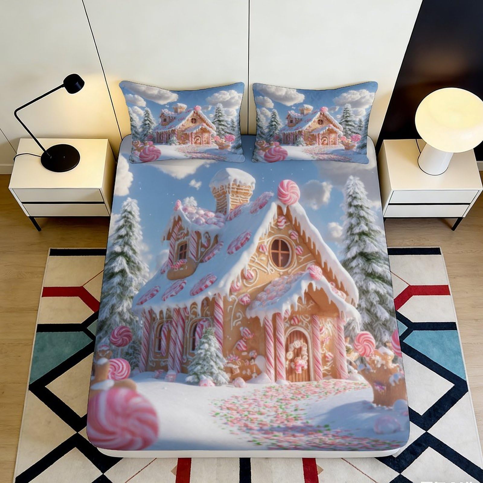 3D Printed Snow House Fitted Sheet Microfiber Deep Pocket Bedroom Bedding Set Winter Scene Mattress Fitted Cover Washable Non-Slip 160x200x25cm