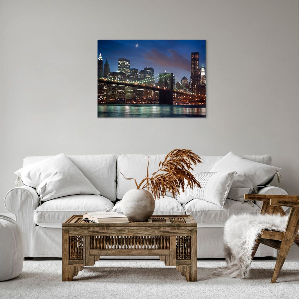 DZL Art Stampa Su Tela New York Manhattan Night View - 60x120 Cm, Quadro Moderno Con Ponte Di Brooklyn, Bianco E Nero Con Accenti Blu, Per Camera Da Letto E Soggiorno - 4