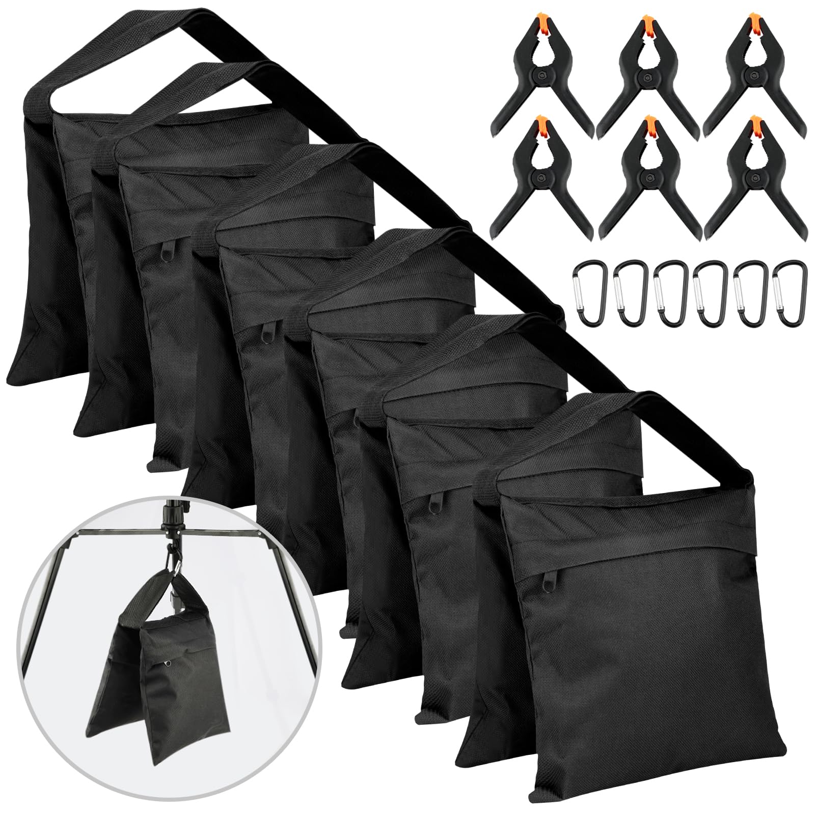 6 Pack Photography Sandbag Heavy Duty Sand Bags with Zipper Weight Bag Saddlebag Design for Photography Stand with Spring Clamps & Buckle Sand Bag Weights for Backdrop Stand Photo Tripod