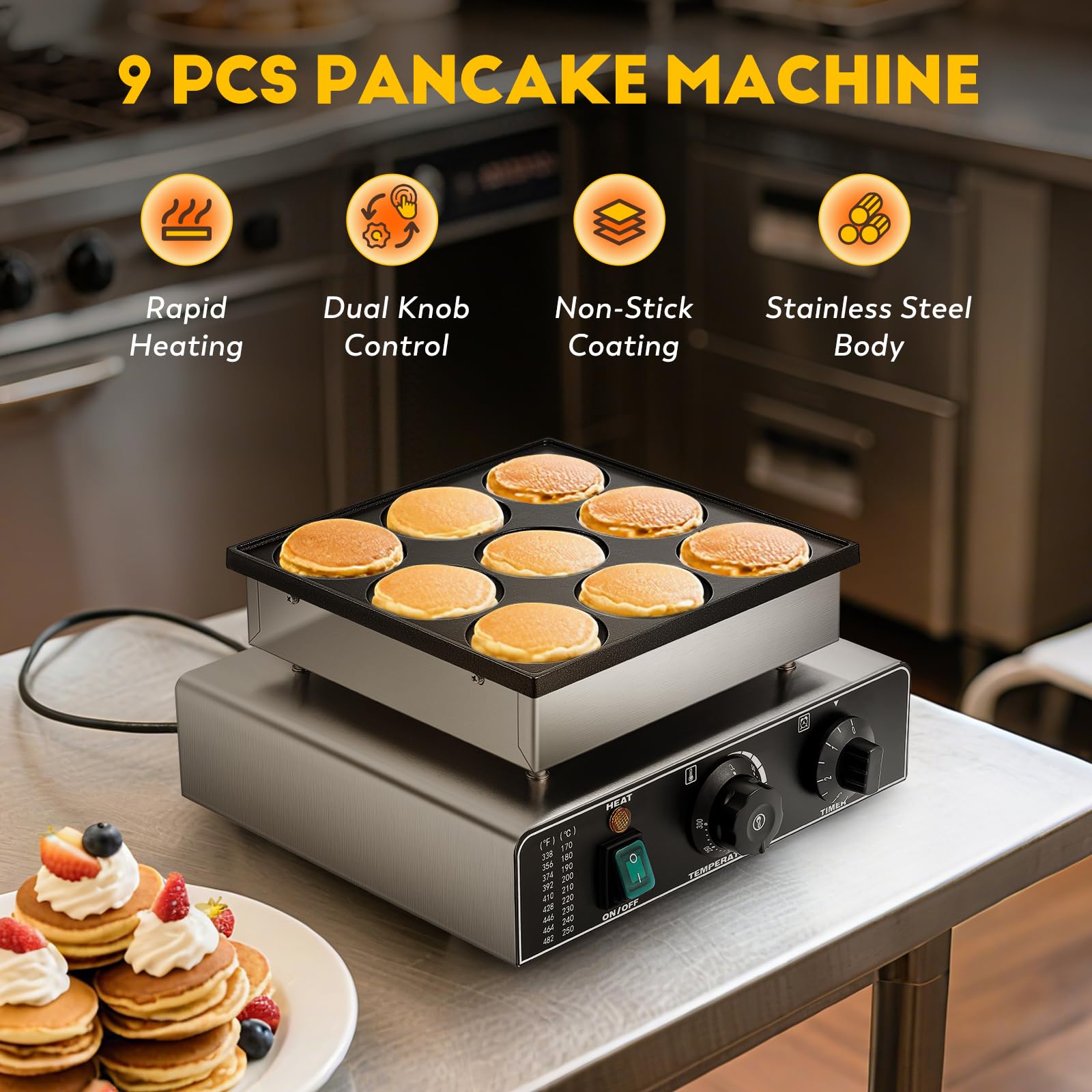 CGOLDENWALL 9 Fori Macchina Per Pancake Olandese, con Rivestimento Antiaderente, Timer 0-5 min e Temperatura Regolabile 50-300℃, Mini Dutch Pancake Maker per Dorayaki, Poffertjes, Muffin