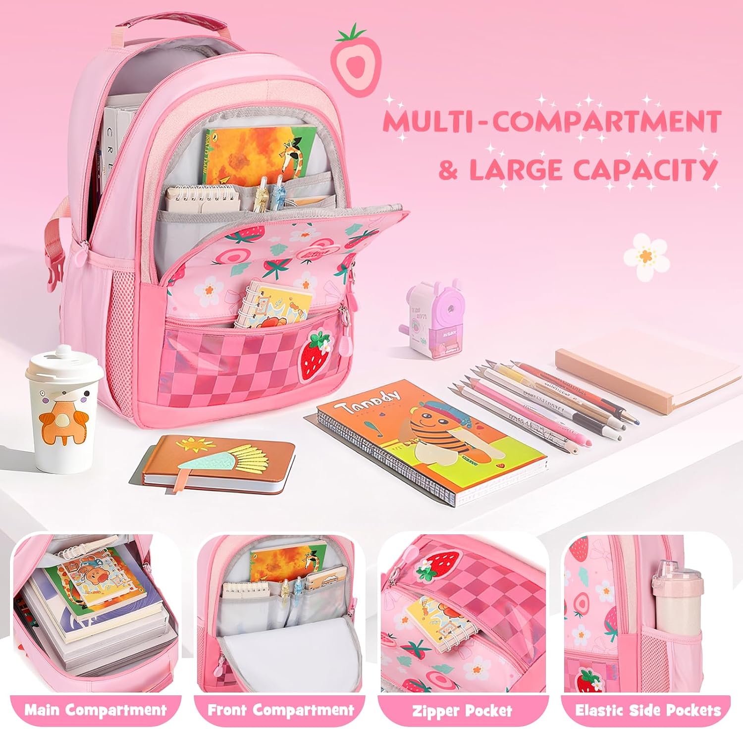 Kids Backpack for Girls 5-8, 4PCS Toddler Backpack with 13oz Kids Insulated Water Bottle, Lunch Box and Pencil Case, Girls Bookbag Schoolbag for Primary Kindergarten Elementary School