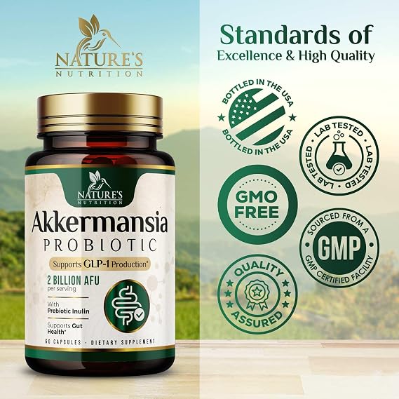 Akkermansia Gut Health Supplement - Premium Akkermansia Probiotic With Prebiotic Fiber - Akkermansia Muciniphila 2 Billion AFU Per Serving - GLP-1 Support for Women & Men, Bottled USA - 60 Capsules