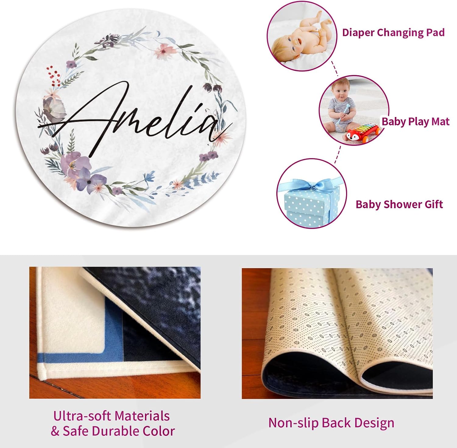 Custom Name Baby Rug - Nursery Mat for Baby Boys Girls, Tummy Time & Crawling Mat - Round Rug, Fit Nursery or Bedroom - 39.37" X 39.37"