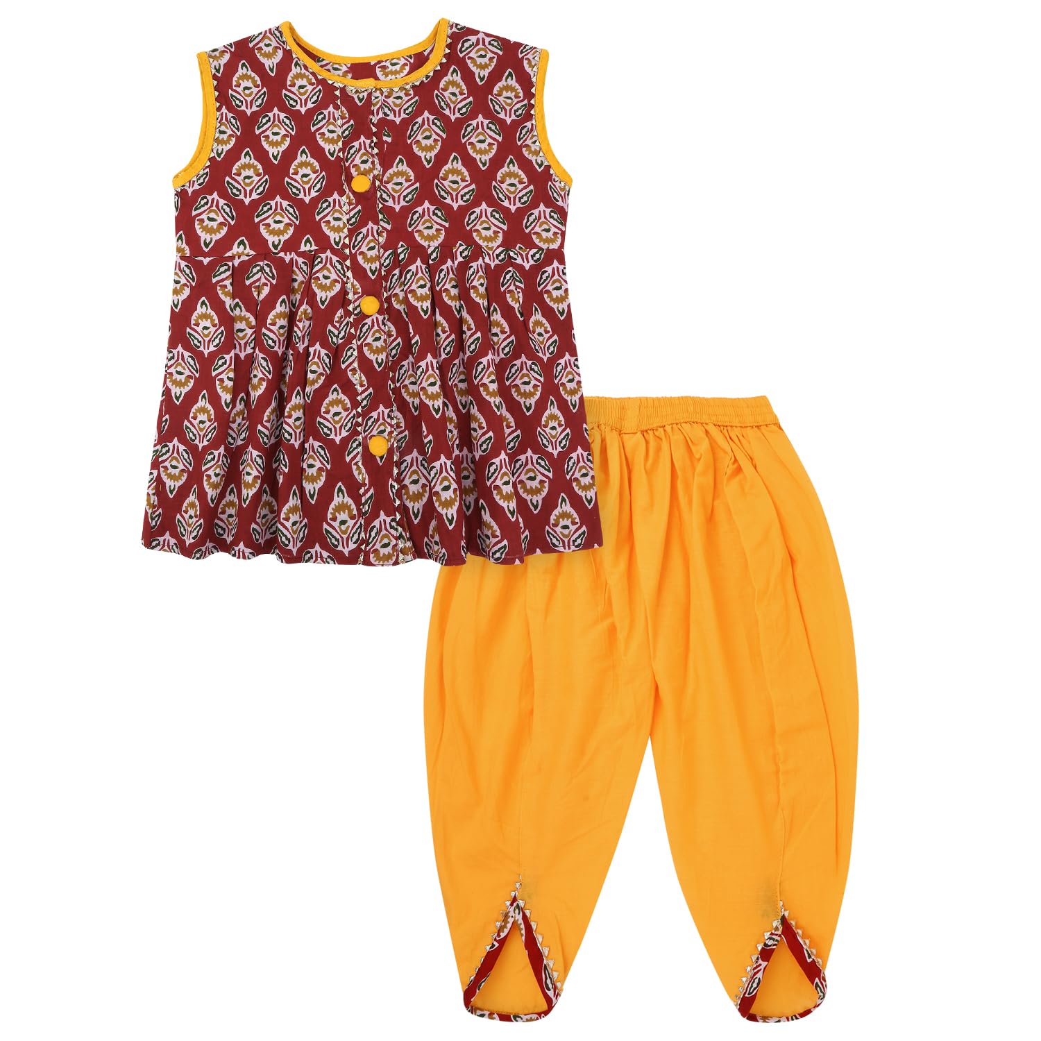 superminisBaby Girl's Sanganeri Printed Sleeveless Cotton Kurti With Contrast Color Dhoti Salwar Dress Clothing Set