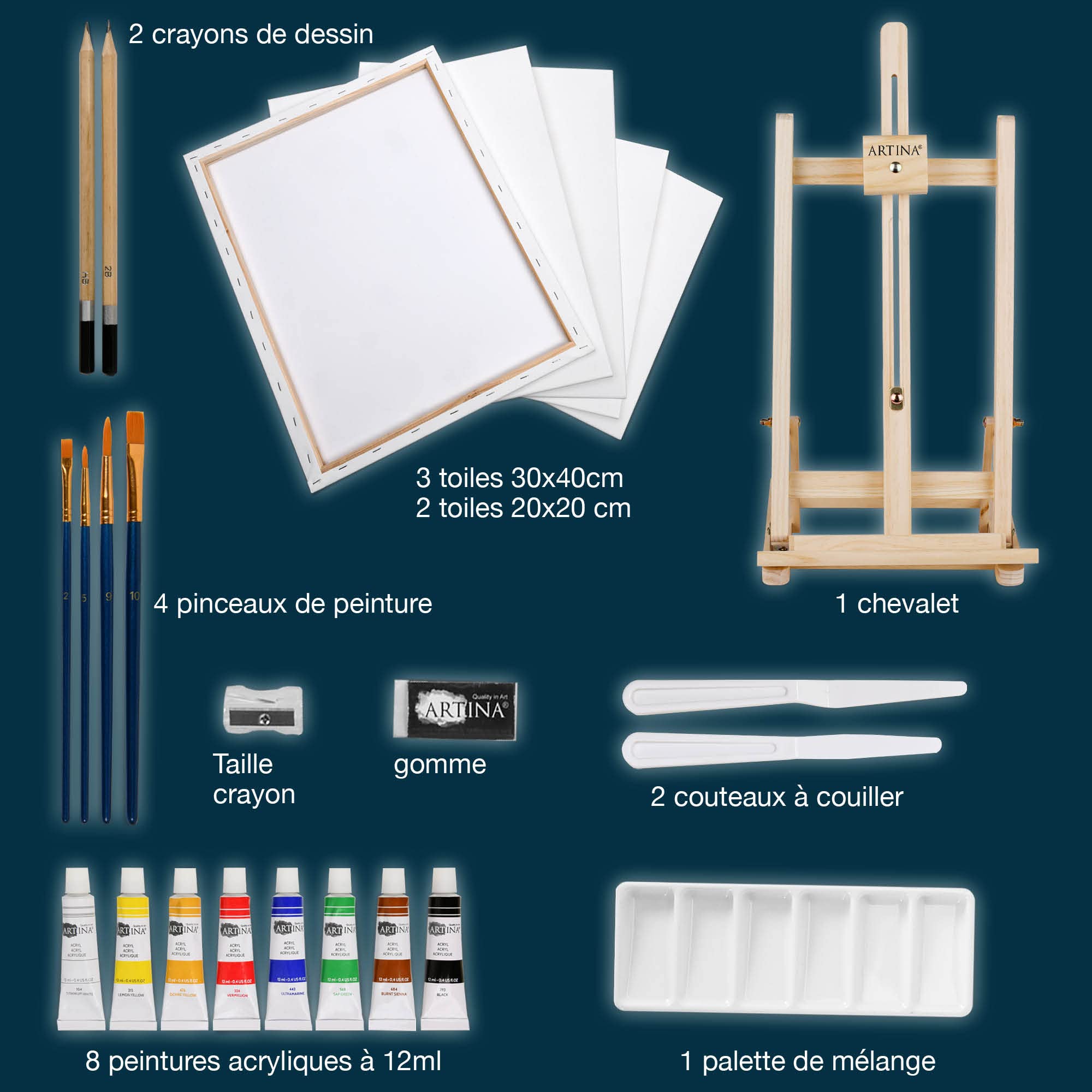 Artina kit peinture acrylique 25 pièces avec chevalet bois FSC® enfant Noël