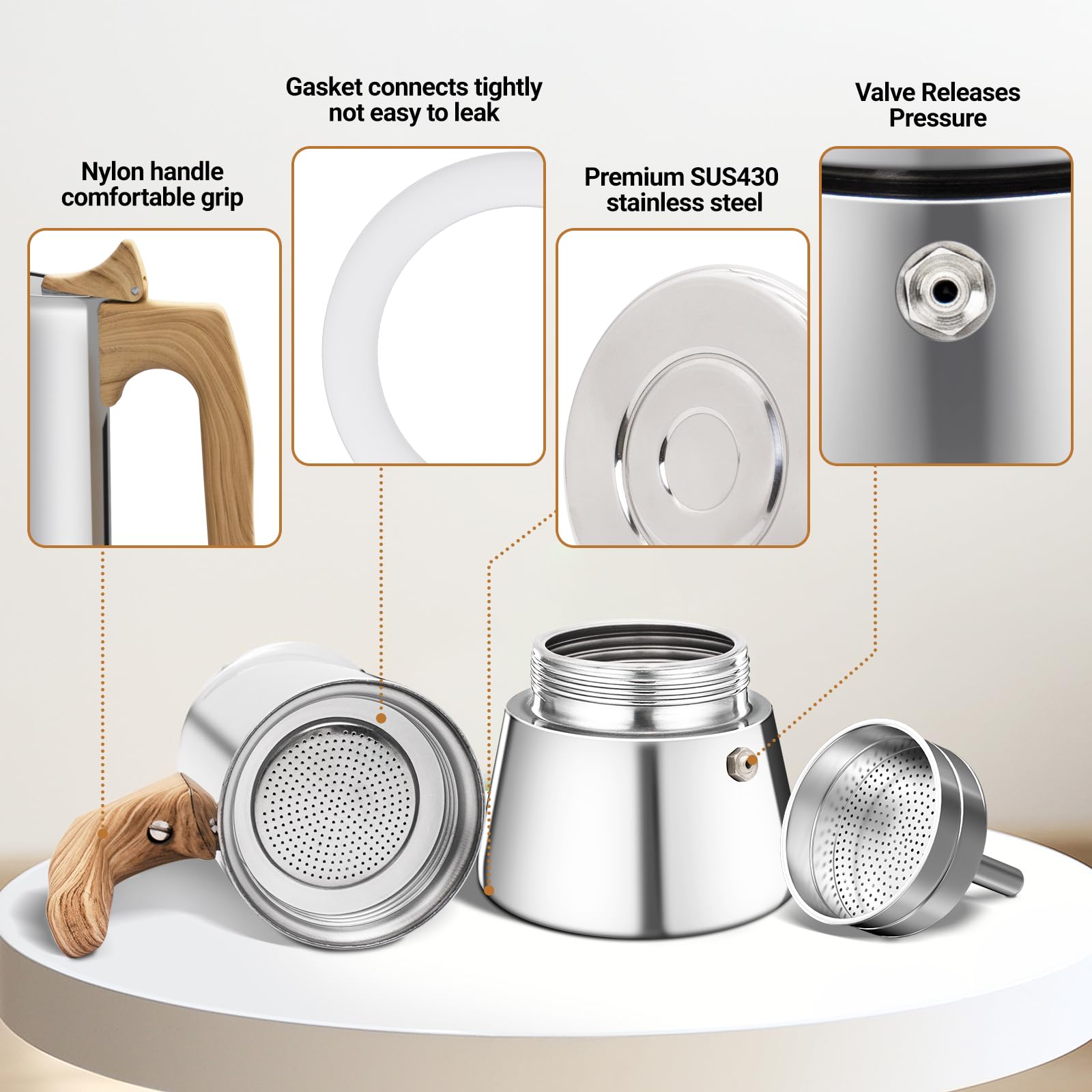Cafetera espresso de acero inoxidable 304 grueso para 6 tazas, 300 ml, ideal para hacer café italiano y cubano