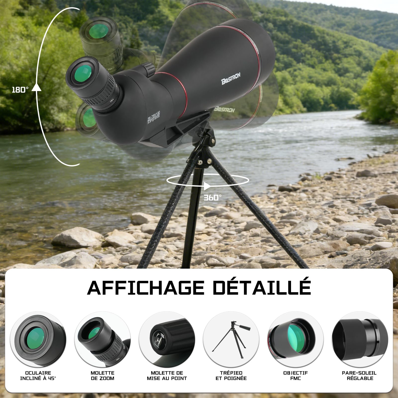 Longue Vue Monoculaire 25-75x100 mm HD, Prisme PORRO FMC - avec Adaptateur Smartphone, Trépied et Sac de Transport - Idéal pour Observation des Oiseaux, Tir à la Cible, Randonnée et Astronomie