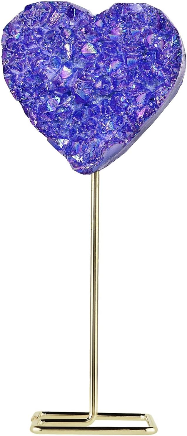 Amogeeli Heart Shaped Titanium Coated Rock Crystal Cluster with Stainless Steel Metal Stand, Love Heart Crystal Stone Specimen Decoration for Home & Office, Purple